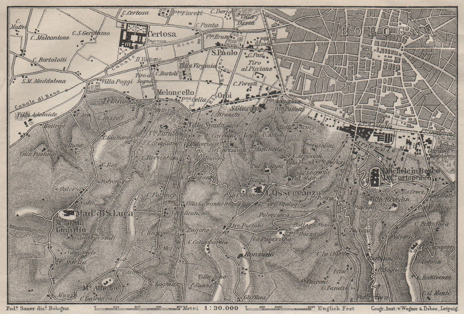BOLOGNA environs. Certosa. Madonna di San Luca. Santo Michele in Bosco 1906 map